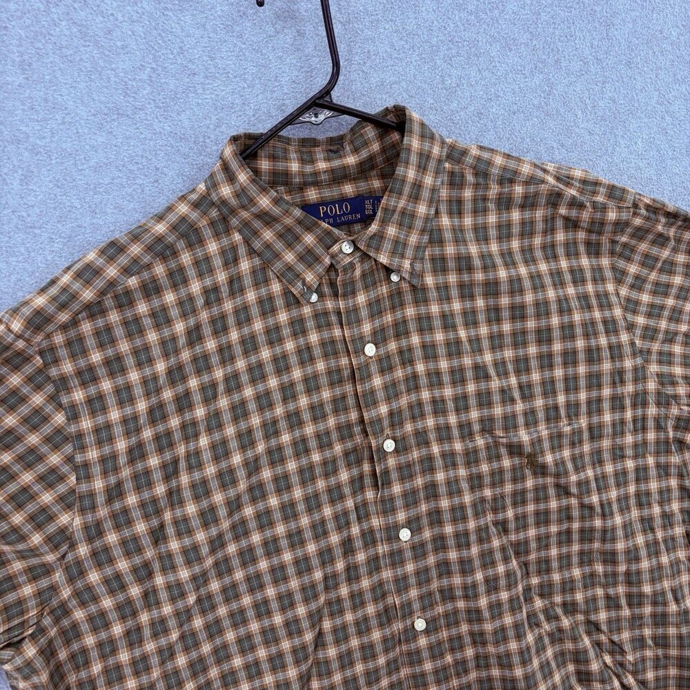 Polo Ralph Lauren Button Down Shirt Mens XLT Green & Tan Plaid Twill